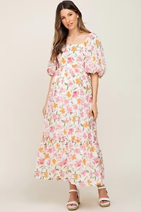 PinkBlush Womens White Floral Puff Sleeve Maternity Maxi Dress