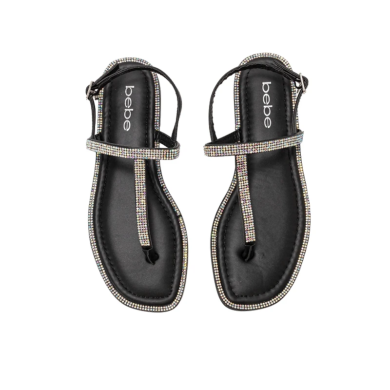bebe Women’s Rhinestone T-Strap Sandals - Flat Thong with Ankle Strap