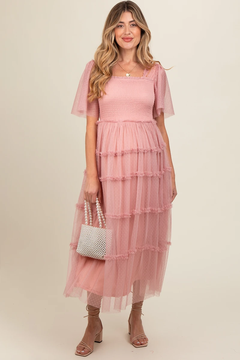 PinkBlush Womens Pink Ruffled Mesh Maternity Maxi Dress