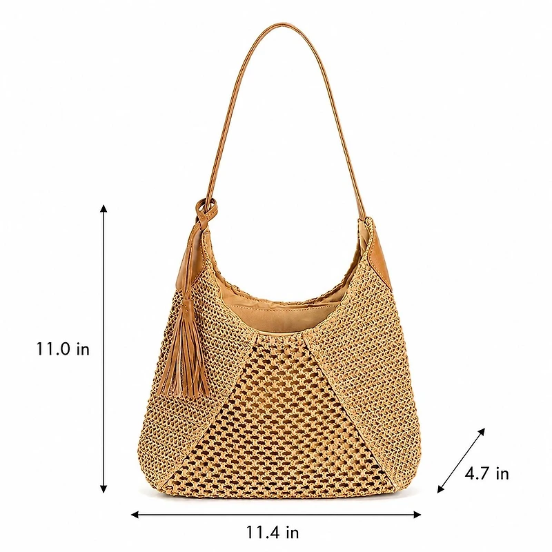 Alilang Women's Woven Paper Fiber Shoulder Tote Bag Large Capacity Crochet Handbag with Tassel Accent, Soft Ivory