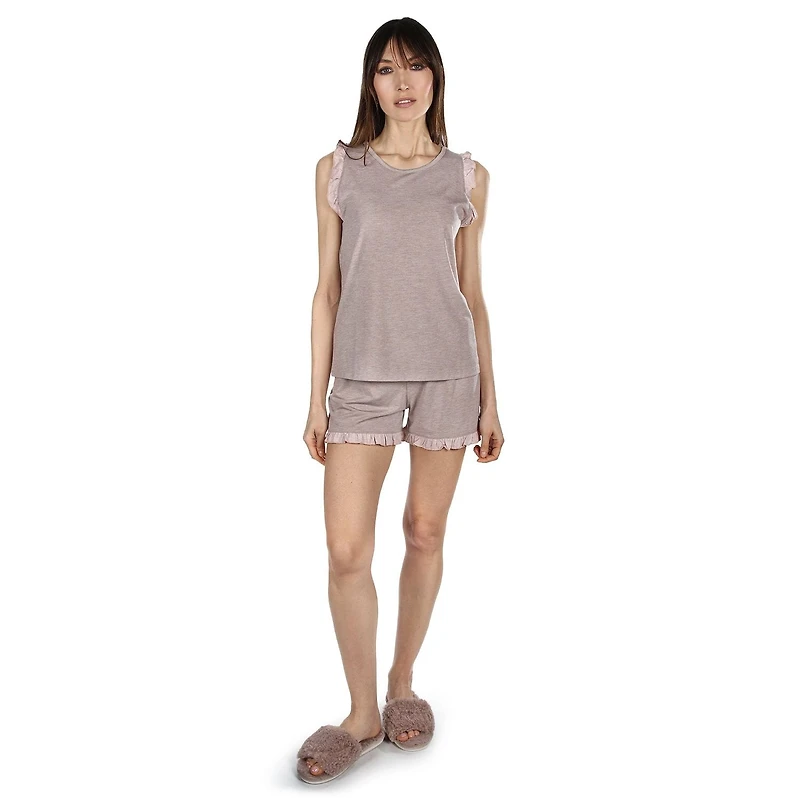 MeMoi Women's Contrast Ruffle Trim Modal Top and Shorts Set