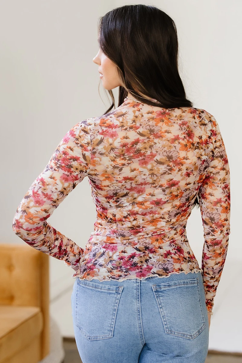 Threaded Pear Women's Virginia Floral Print Mesh Long Sleeve Top