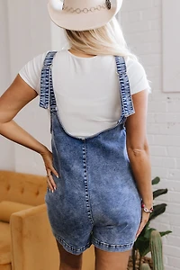 Threaded Pear Women's Baylee Sleeveless U Neck Patched Pocket Denim Romper
