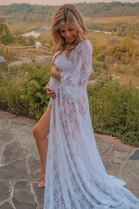 PinkBlush Womens White Lace Off Shoulder Maternity Photoshoot Gown/Dress