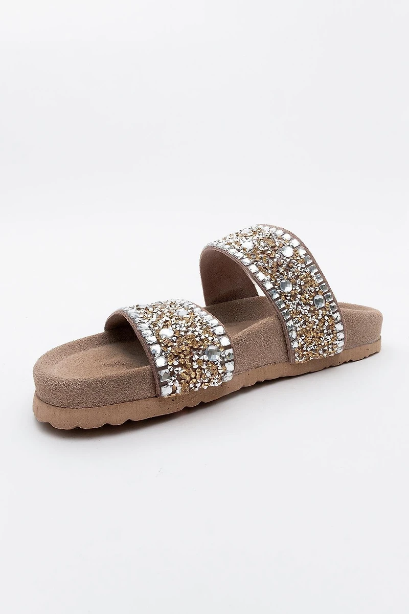 Forever & Always Womens Jamie Leather Double Strap Slide Sandals with Stones