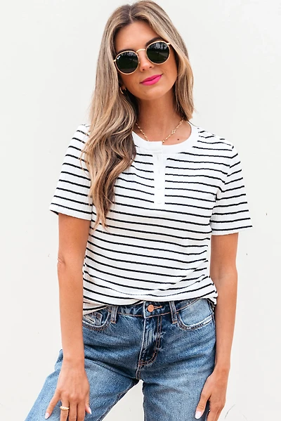 Threaded Pear Women's Marleigh Stripe Textured Buttoned Henley Top