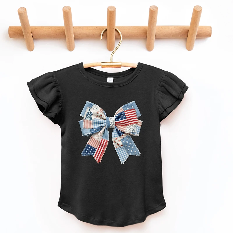 The Juniper Shop - Patriotic Bow Faux Denim Patchwork Flutter Sleeve Graphic T-Shirt