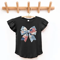 The Juniper Shop - Patriotic Bow Faux Denim Patchwork Flutter Sleeve Graphic T-Shirt