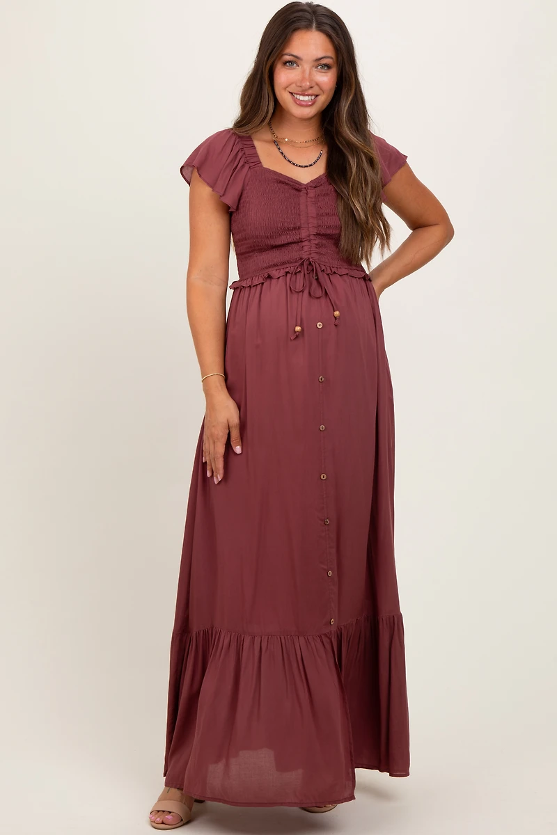 PinkBlush Womens Burgundy Smocked Top Woven Maternity Maxi Dress