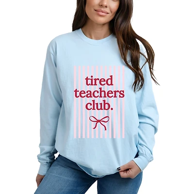 Simply Sage Market - Pink Tired Teachers Club Stripes Women's Garment Dyed Long Sleeve Graphic T-Shirt