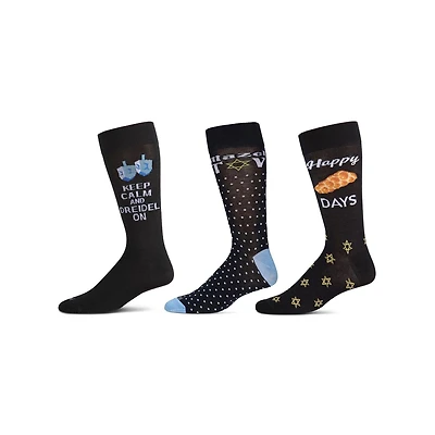 MeMoi 3 Pair Men's Hanukkah Novelty Crew Socks
