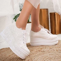 Forever & Always Womens Claudine Lace Bridal Platform Sneakers