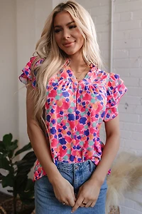 Threaded Pear Women's Arlet Abstract Ruffled Sleeve V Neck Blouse