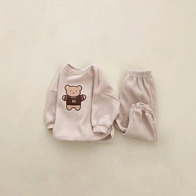 MyKids-USA Baby Cartoon Bear Embroidered Pattern Waffle Fabric Hoodies Sets
