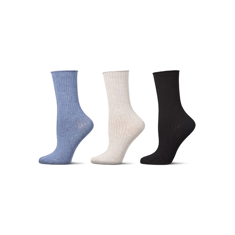 MeMoi 3 Pair Women's Silky-Soft Roll-Top Crew Socks