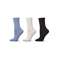 MeMoi 3 Pair Women's Silky-Soft Roll-Top Crew Socks
