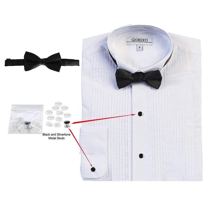 Gioberti Boy's Wing Tip Collar White Tuxedo Dress Shirt with Bow Tie and Metal Studs