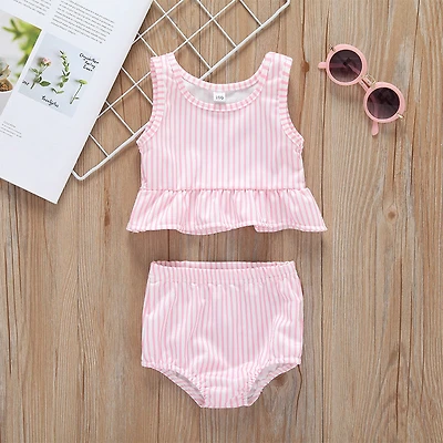 MyKids-USA Baby Girl Striped Graphic Ruffle Tops Combo Shorts One Pieces Swimsuit