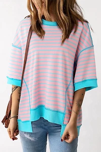 Threaded Pear Women's Adley Stripe Oversized Exposed Seam High Low Top