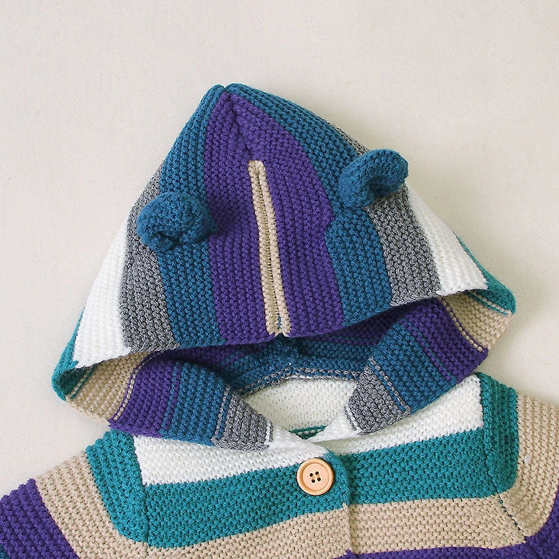 MyKids-USA Baby Striped Button-Front Knitted Cardigan with Matching Hat