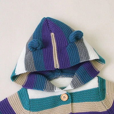 MyKids-USA Baby Striped Button-Front Knitted Cardigan with Matching Hat