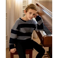 MeMoi Boys 2-Tone Striped Cotton Rich Knit Pullover Sweater