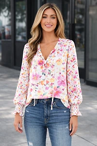 Threaded Pear Women's Clover Cakewalk Floral Smocked Blouse