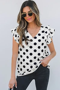 Threaded Pear Women's Halo Polka Dot Ruffled Sleeve V Neck Blouse