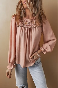 Threaded Pear Women's Angela Embroidered Flounce Sleeve Elegant Blouse