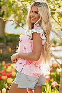 Threaded Pear Women's Quincy Floral Patchwork Flutter Sleeve Blouse