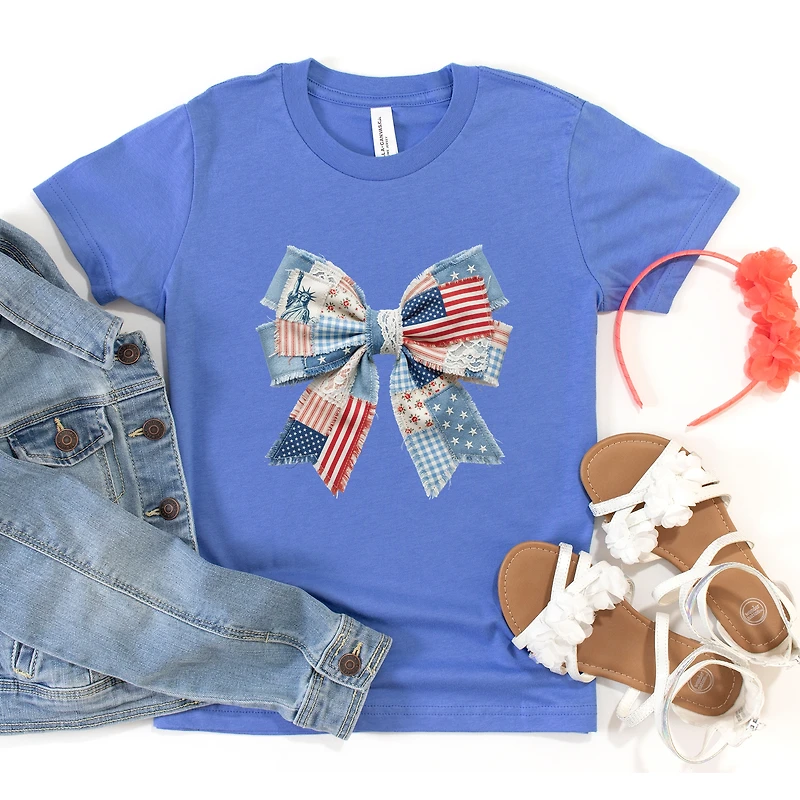 Patriotic Bow Faux Denim Patchwork - Youth Short Sleeve Graphic T-Shirt