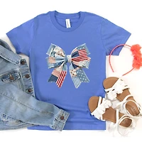 Patriotic Bow Faux Denim Patchwork - Youth Short Sleeve Graphic T-Shirt