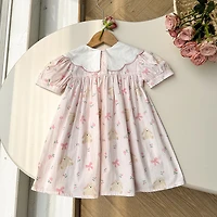 MyKids-USA Toddler Girls Summer Dress - Short Sleeves, Embroidered Collar, Floral Teddy Print - Cotton Blend