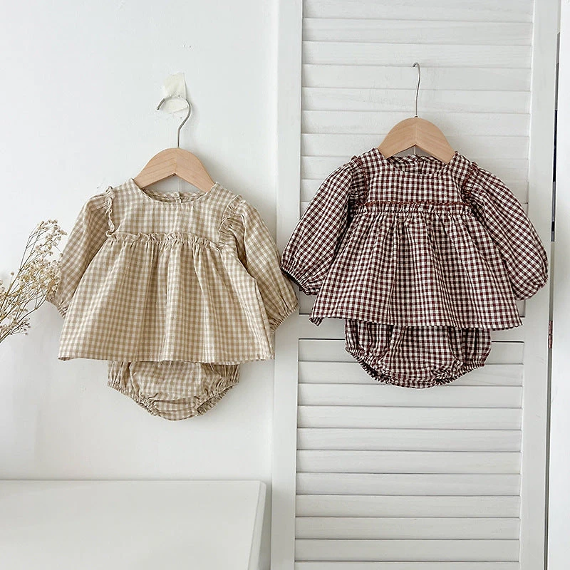 MyKids-USA Autumn Hot Selling Baby Girls Long Sleeves Plaid Top Dress And Bloomer Clothing Set