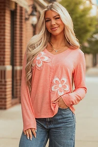Threaded Pear Women's Rachel Floral Patchwork V Neck Long Sleeve Top