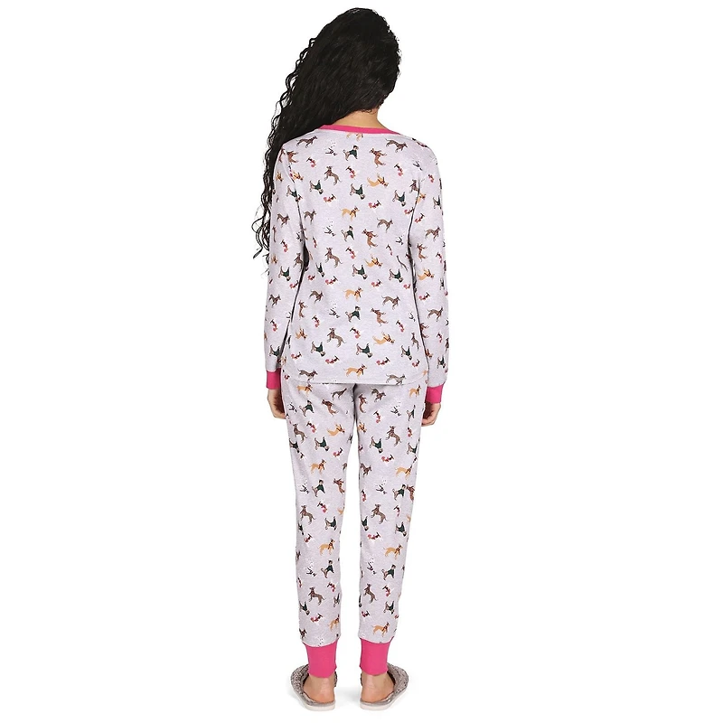 MeMoi Women's Henley Cotton-Rich Pajama Set with Dog Print