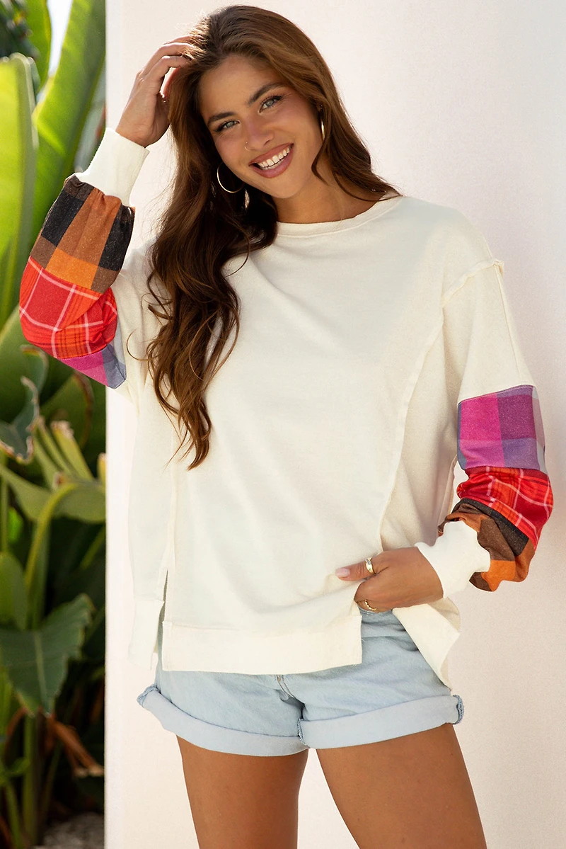 Threaded Pear Women's Anika Seam Patchwork Top Long Sleeve