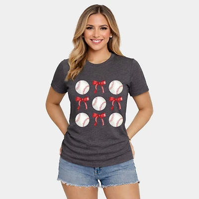 Simply Sage Market - Baseballs and Red Bows Watercolor Women's Short Sleeve Graphic T-Shirt
