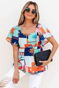 Threaded Pear Women's Payton Tropical Flutter Sleeve Babydoll Blouse