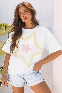 Threaded Pear Women's Lisa Layered Star Patched Half Sleeve Loose Top