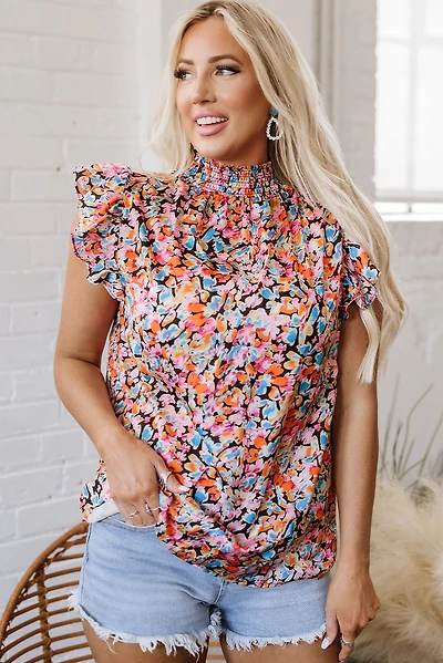 Threaded Pear Women's Elowen Floral Flutter Sleeve Blouse Top