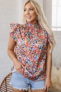 Threaded Pear Women's Elowen Floral Flutter Sleeve Blouse Top