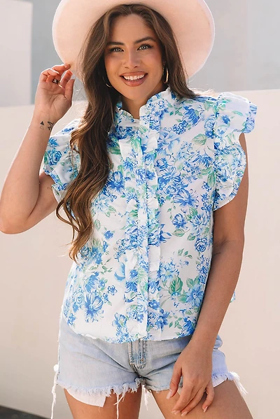 Threaded Pear Women's Tiana Floral Ruffle Sleeve Button Up