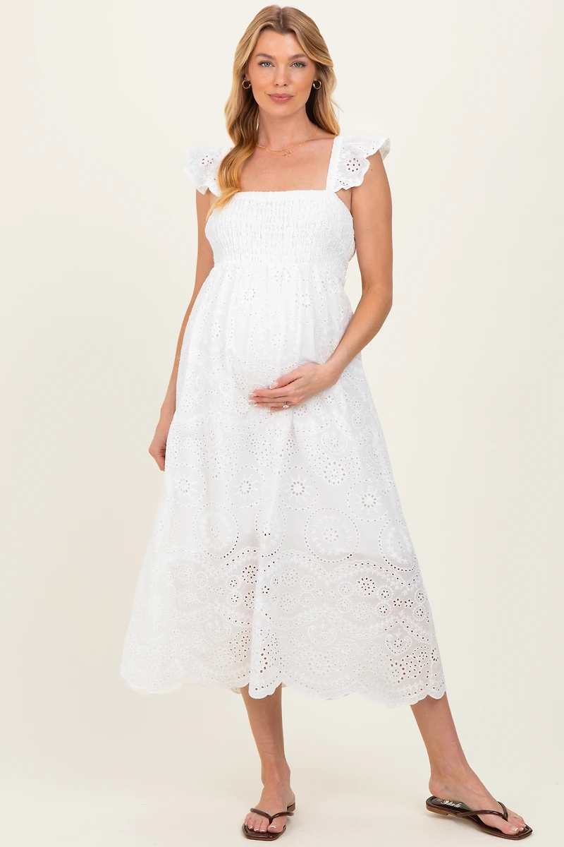 PinkBlush Womens White Embroidered Smocked Cutout Maternity Midi Dress