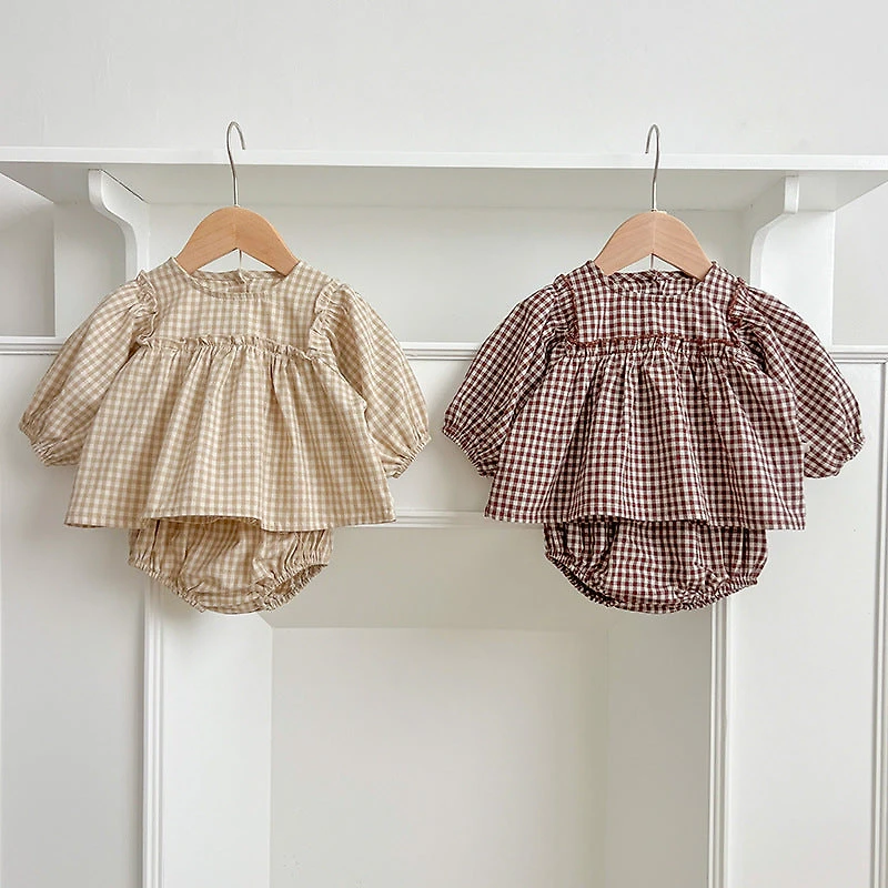 MyKids-USA Autumn Hot Selling Baby Girls Long Sleeves Plaid Top Dress And Bloomer Clothing Set