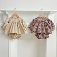 MyKids-USA Autumn Hot Selling Baby Girls Long Sleeves Plaid Top Dress And Bloomer Clothing Set