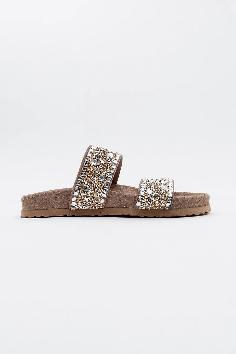 Forever & Always Womens Jamie Leather Double Strap Slide Sandals with Stones