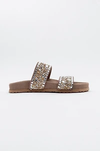 Forever & Always Womens Jamie Leather Double Strap Slide Sandals with Stones