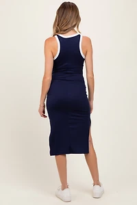 PinkBlush Womens Navy/Soft White High Neck Ribbed Sleeveless Maternity Midi Dress