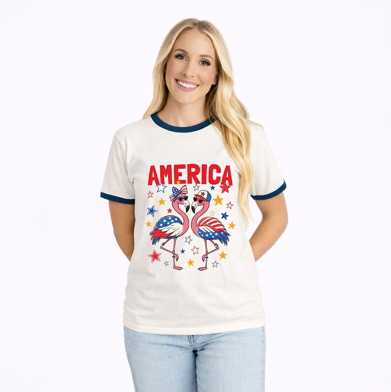 Simply Sage Market - America Flamingos Star Women's Ringer Graphic T-Shirt